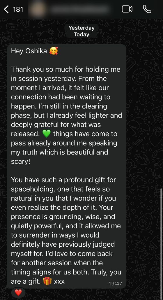 WhatsApp message from a client the day after a private healing session